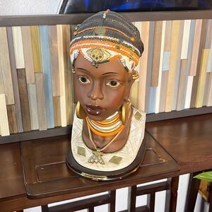 African Heritage Vintage Bust form 13” chalk work woman, life like rich colorful